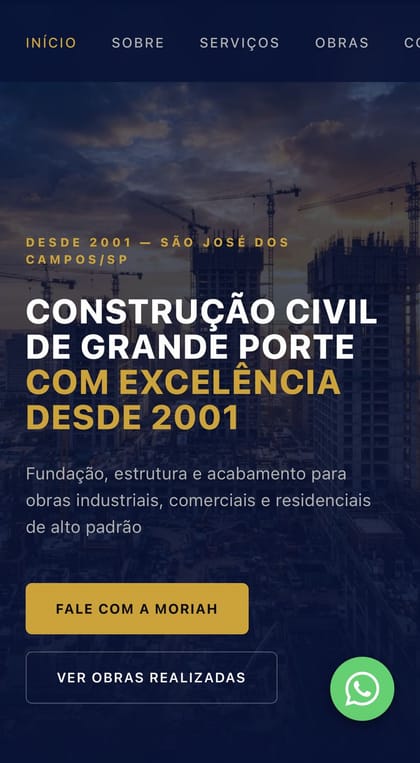 Site da Moriah Construtora no celular